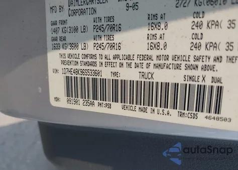 2006 Dodge Dakota Slt from USA, damaged, VIN 1D7HE48K96S533601